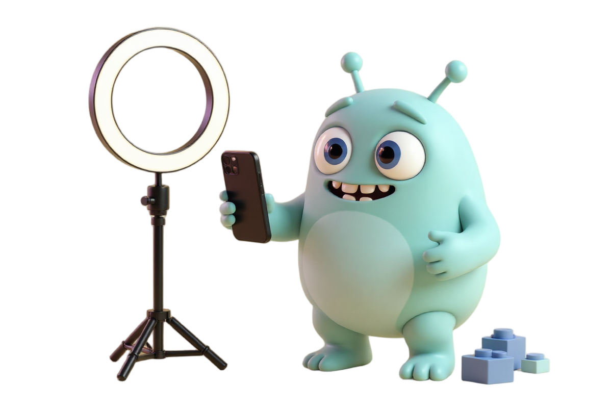 Das Monster filmt sich selbst mit Handy und Ringlicht